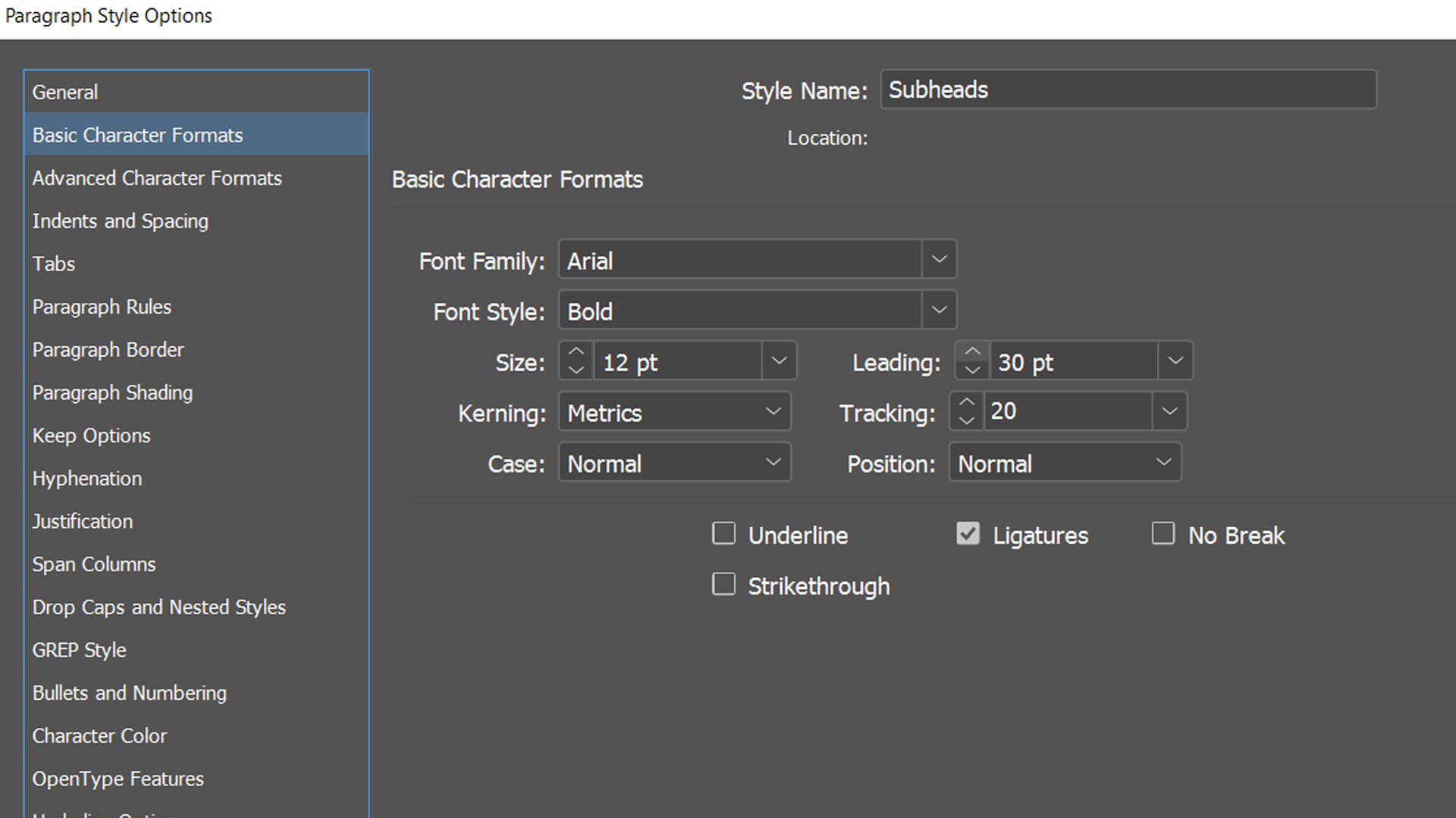 изменение leading в Paragraph Style Options