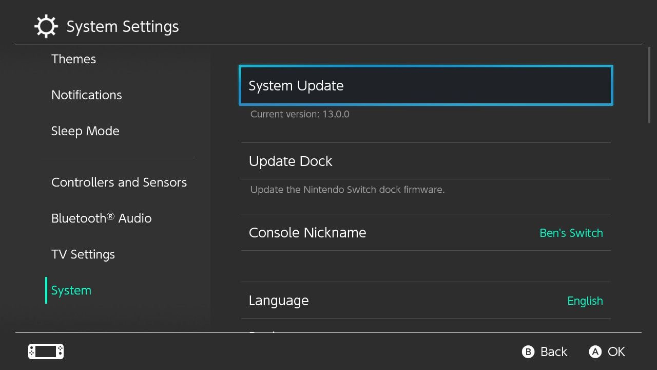 Экран обновления системы Nintendo Switch