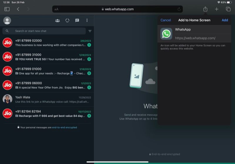 Добавление ярлыка WhatsApp Web на главный экран iPad