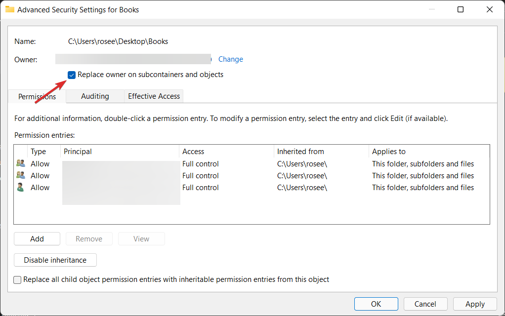 Опция заменять владельца у объектов и контейнеров
