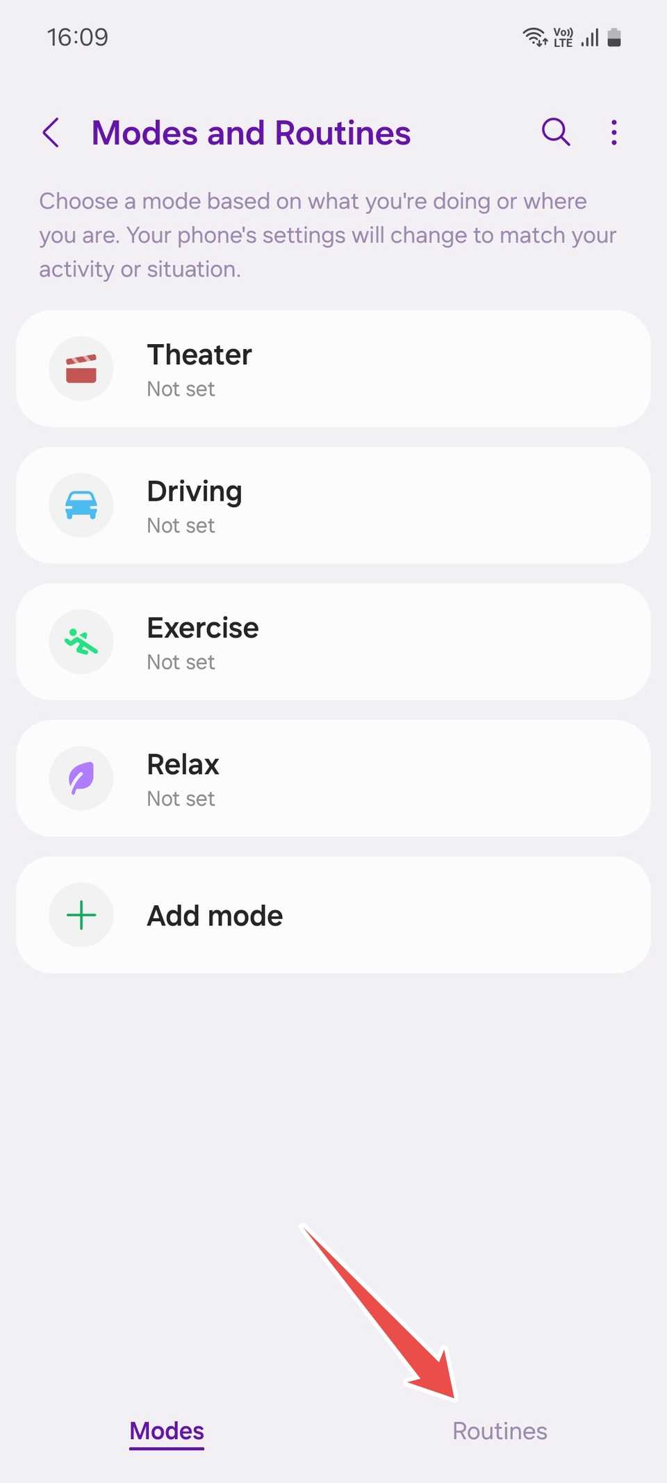 Главная страница Режимов и Рутин на Samsung