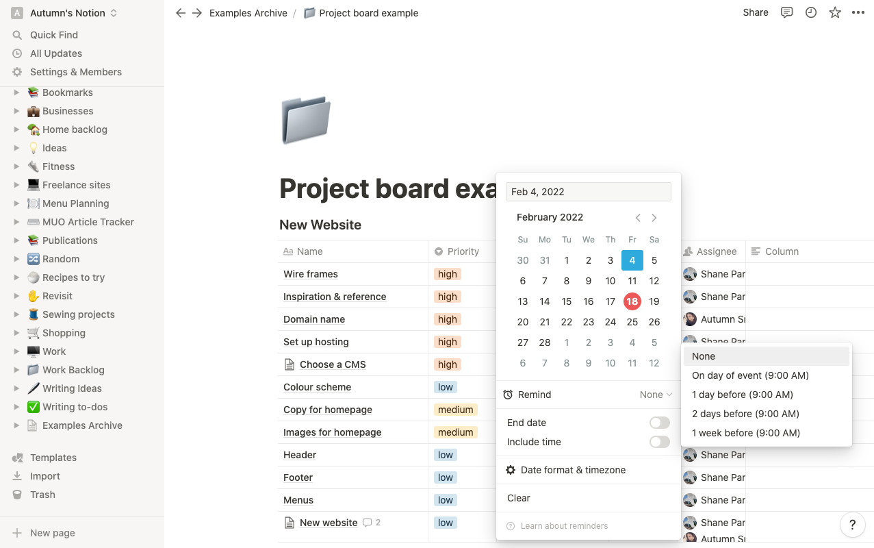 Открытое меню в интерфейсе управления проектом