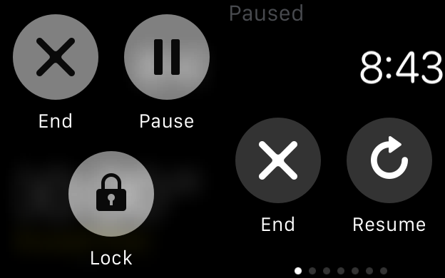 Кнопки управления тренировкой: завершить, пауза, блокировка