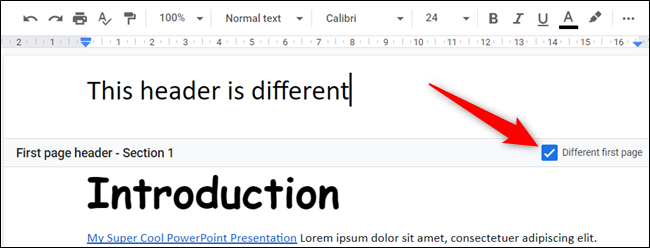 Установите флажок рядом с Разная первая страница