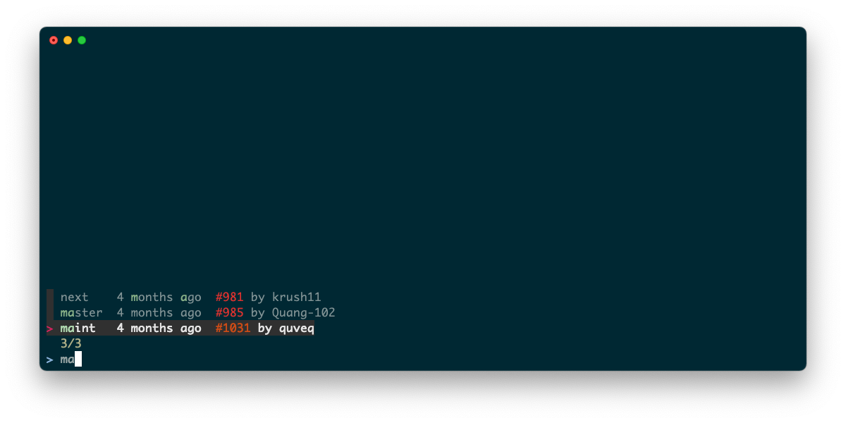 Терминал с инструментом выбора ветки gh