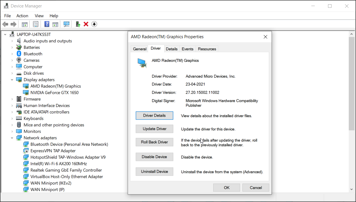 graphics driver roll back