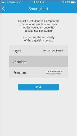 Экран Smart Alert: выбор уровня чувствительности
