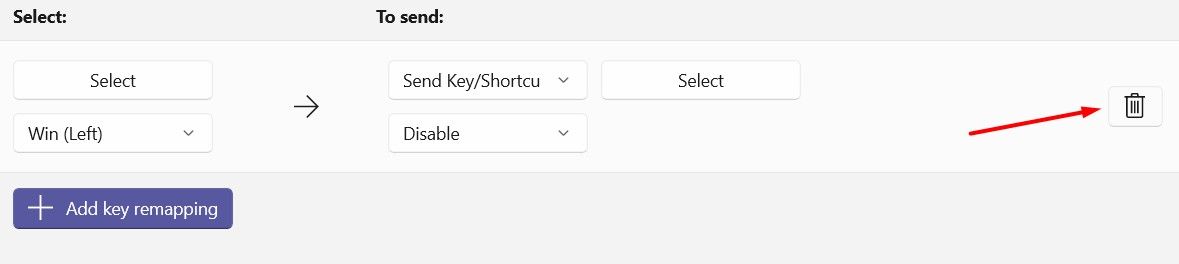 Иконка удаления переназначения в PowerToys