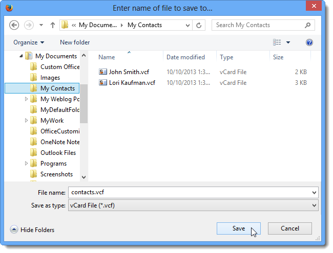 Выбор папки и имени для файла contacts.vcf
