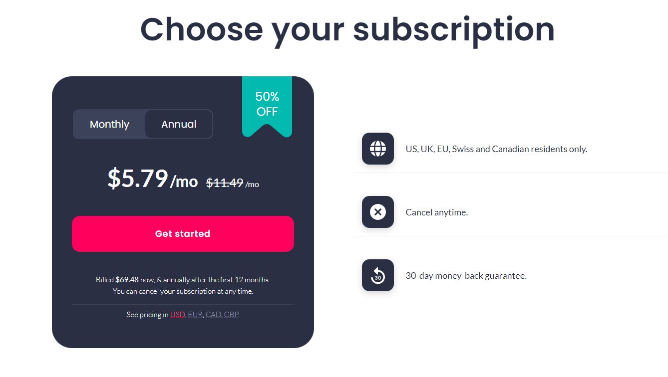 Screenshot of Incogni data removal service monthly fees.