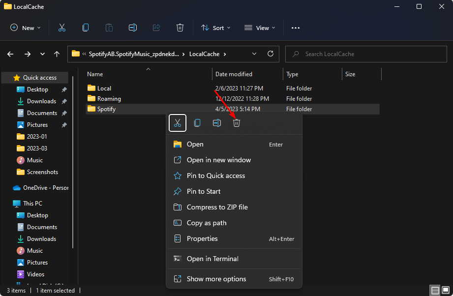 Удаление папки кеша Spotify в Проводнике