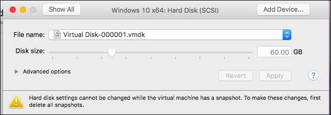 Окно предупреждения о снимках — удалите snapshot'ы перед изменением