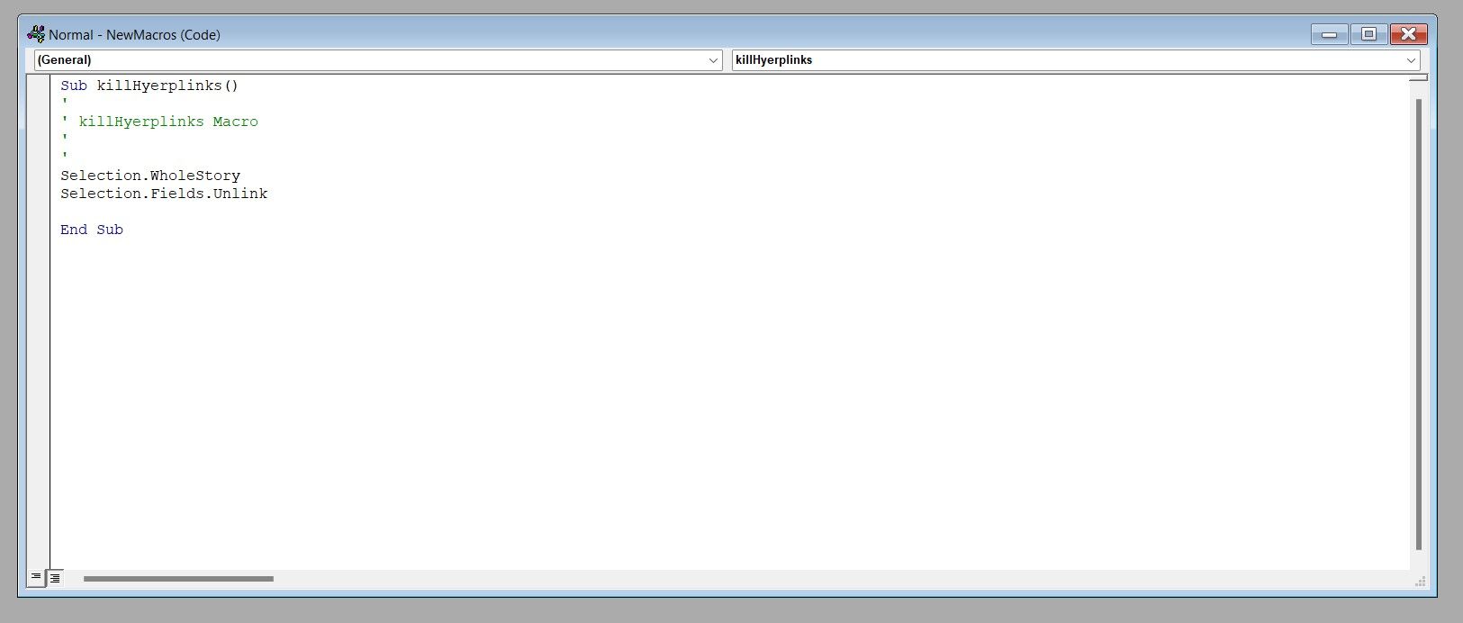 Пример кода макроса в редакторе VBA