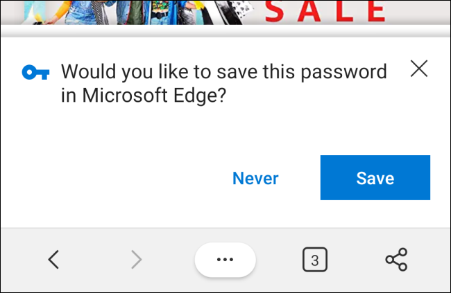 Окно с подсказкой сохранения пароля в Microsoft Edge на Android