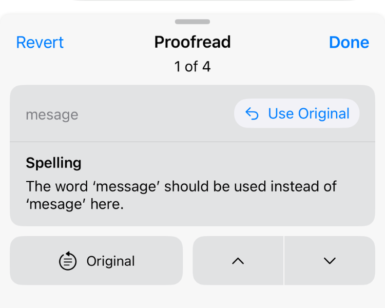 Скриншот функции Proofread на iOS 18.1 с доступными вариантами изменения.