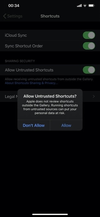 Подтверждение разрешения ненадёжных ярлыков с кнопкой 'Разрешить'