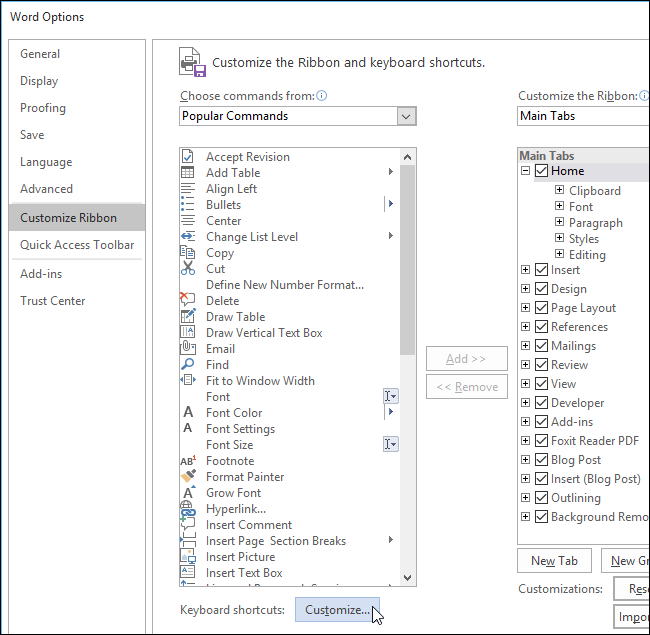 Кнопка для открытия настроек клавиатуры в параметрах Word