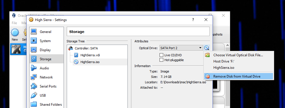 Удаление ISO из виртуального привода VirtualBox