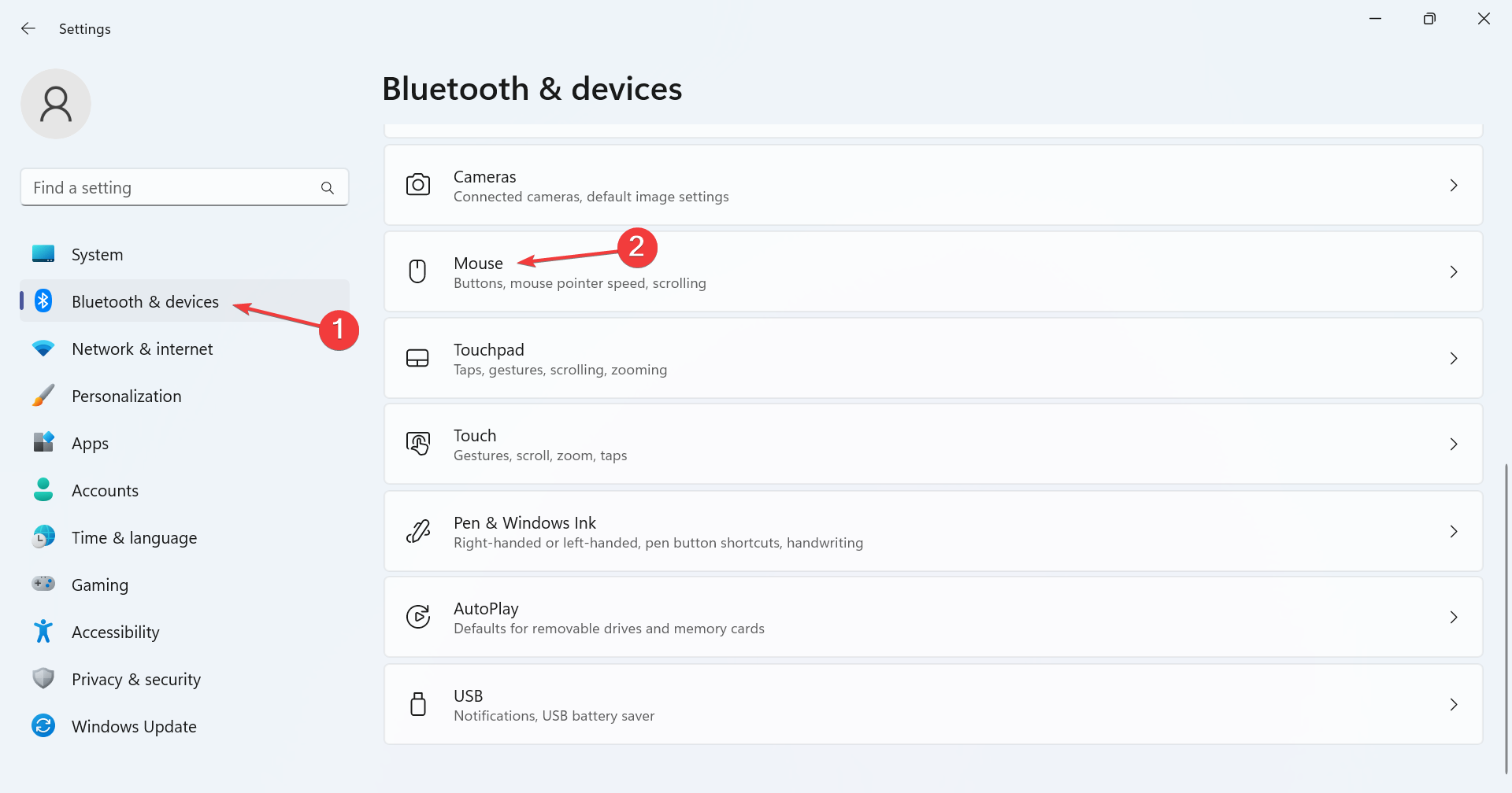панель мыши в параметрах Windows 11