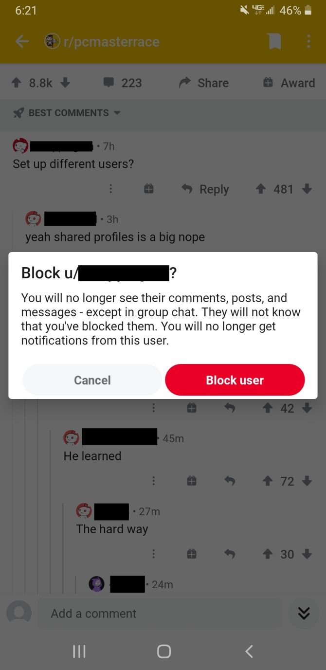 Меню пользователя Reddit с опцией блокировать