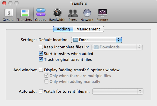 Настройки Transmission: автоматически запускать и не показывать окно добавления