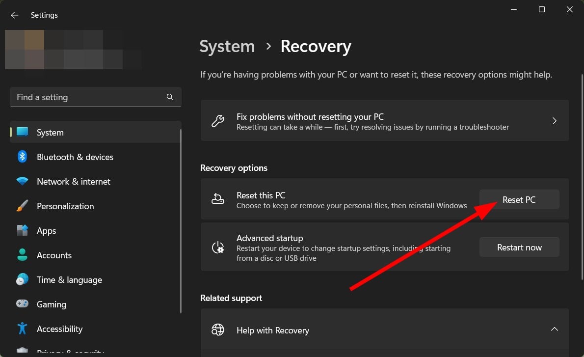 Кнопка Сброс компьютера в Windows