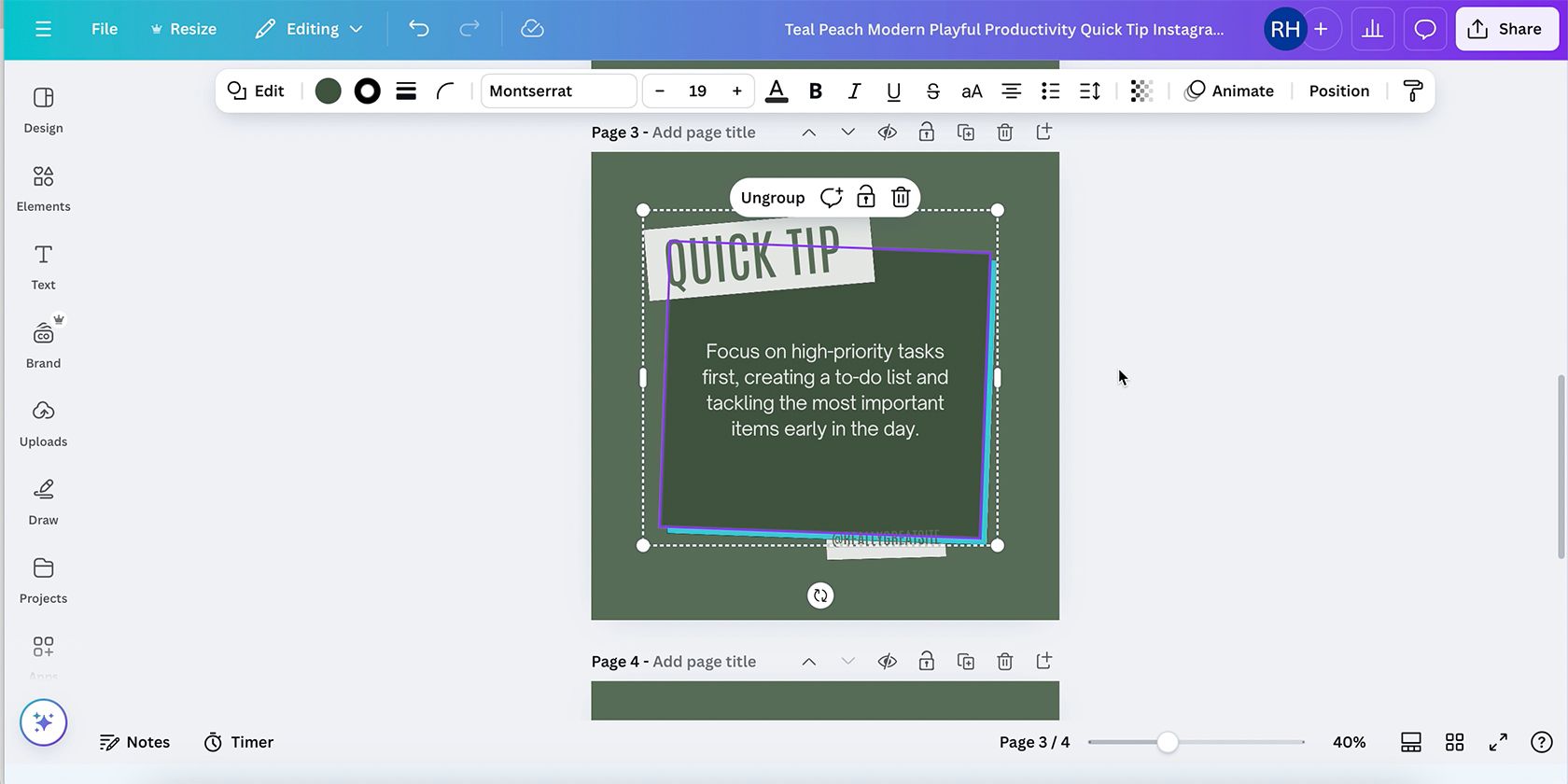 Кнопка Ungroup в Canva