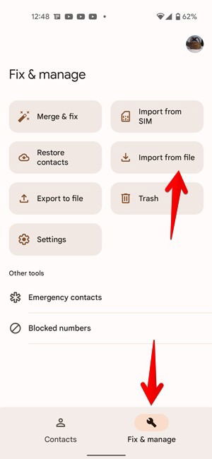 Импорт контактов из файла в Google Contacts на Android