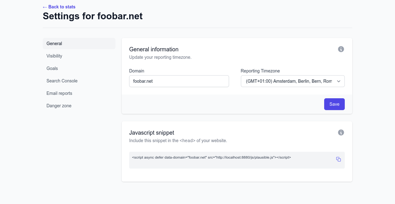 Скриншот настроек сайта в Plausible