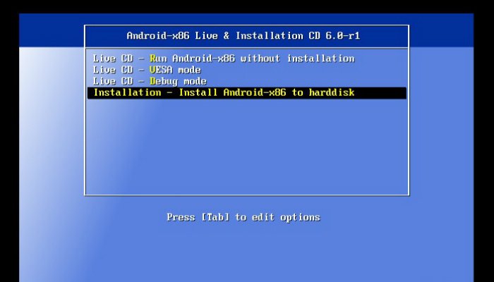 Экран установки Android-x86