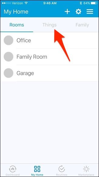 Скриншот вкладки «Things» с перечнем устройств в SmartThings