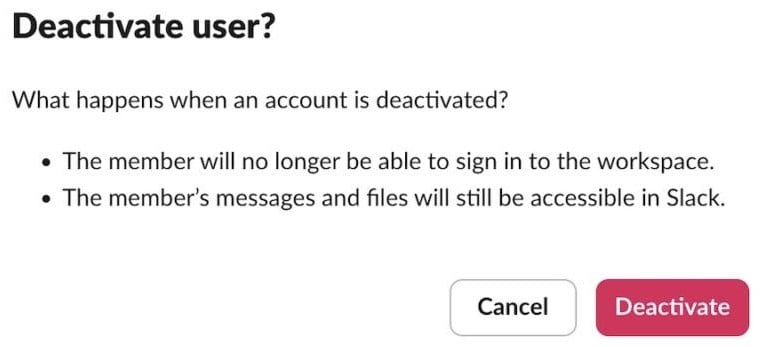 Кнопка Деактивировать аккаунт в Slack