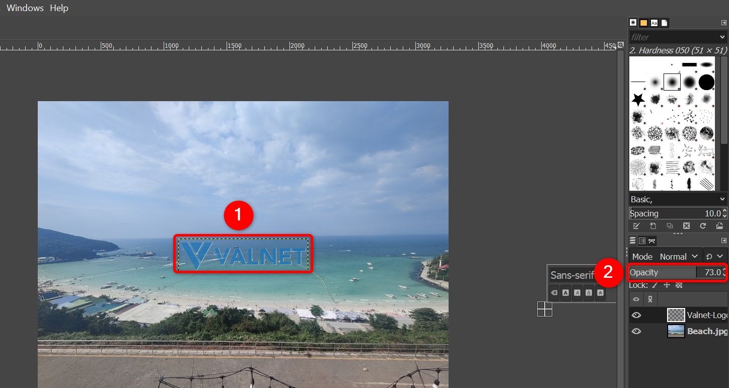 A watermark image and 'Opacity' highlighted in GIMP.
