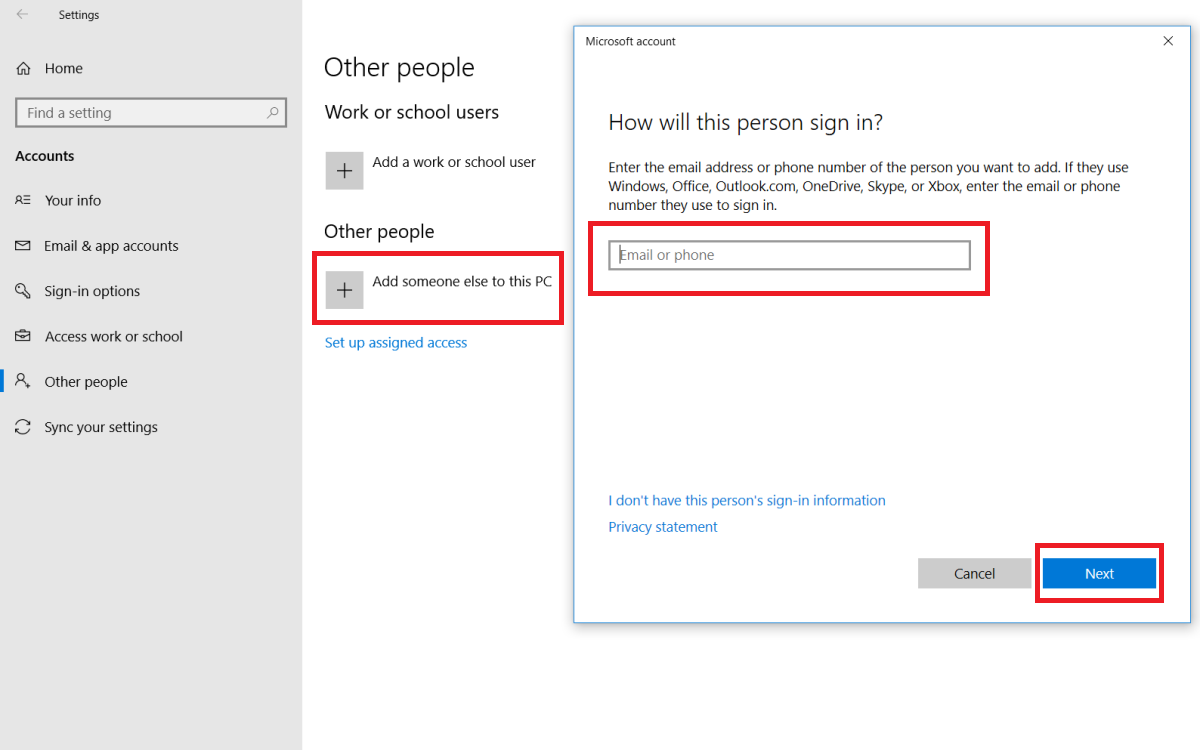 Ввод адреса электронной почты для создания учётной записи Windows 10
