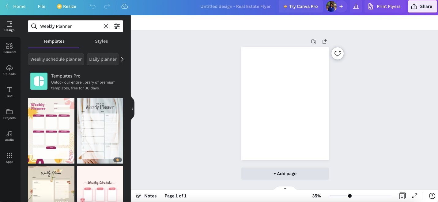 Шаблон еженедельного планера в Canva