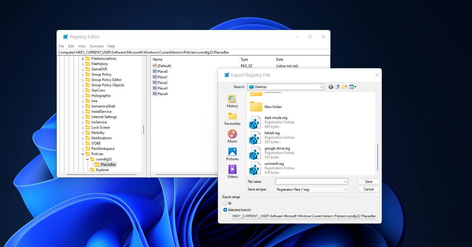 Barre Luoghi nella finestra dell'Editor del Registro di sistema