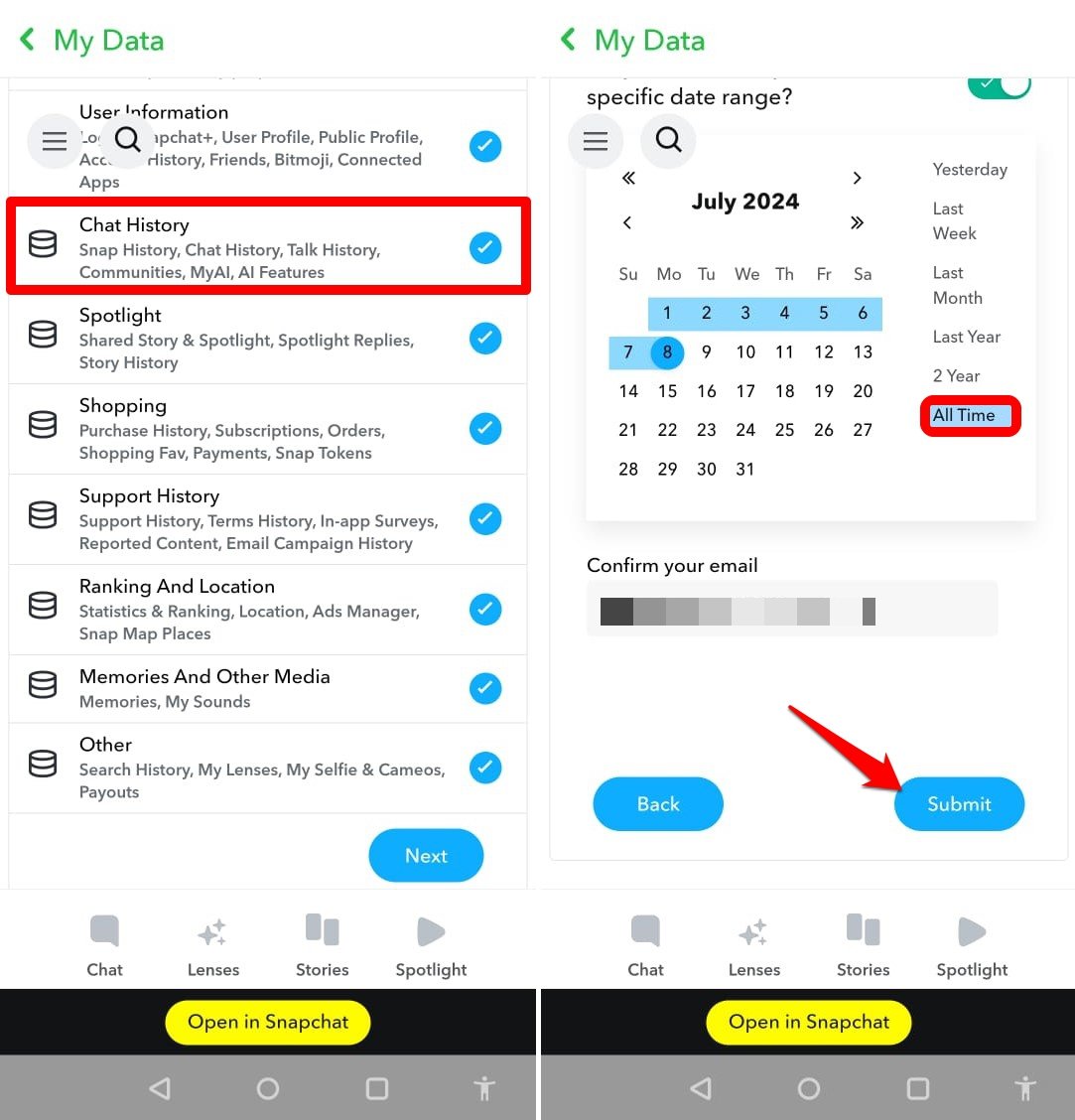Форма отправки запроса данных пользователя Snapchat