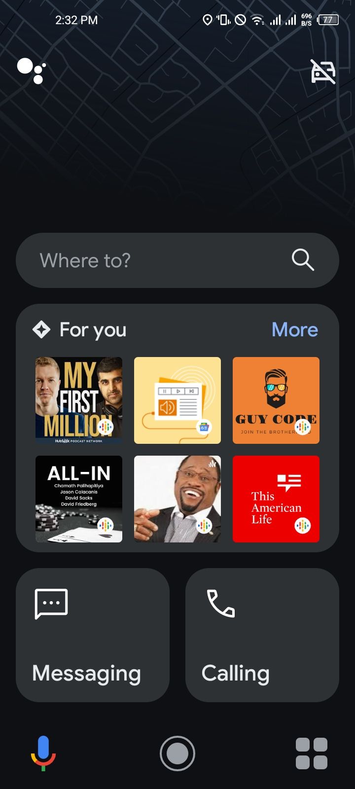 Главный экран режима вождения Google Assistant