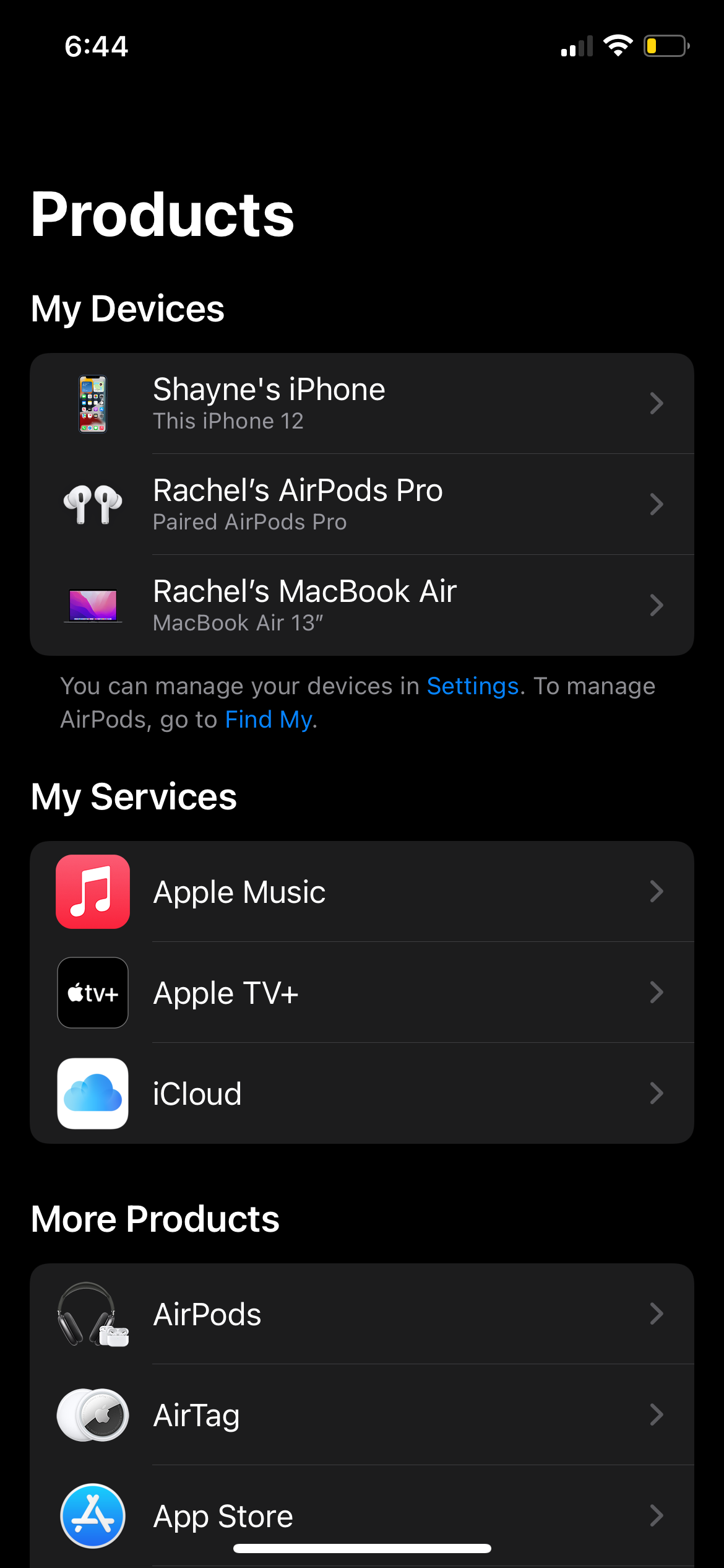 Список устройств в разделе Мои устройства в Apple Support