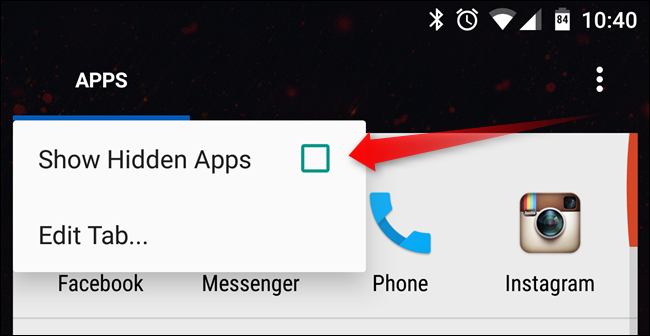 Скриншот: меню вкладки «Приложения» с опцией показать скрытые приложения