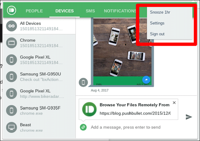 Параметры расширения Pushbullet