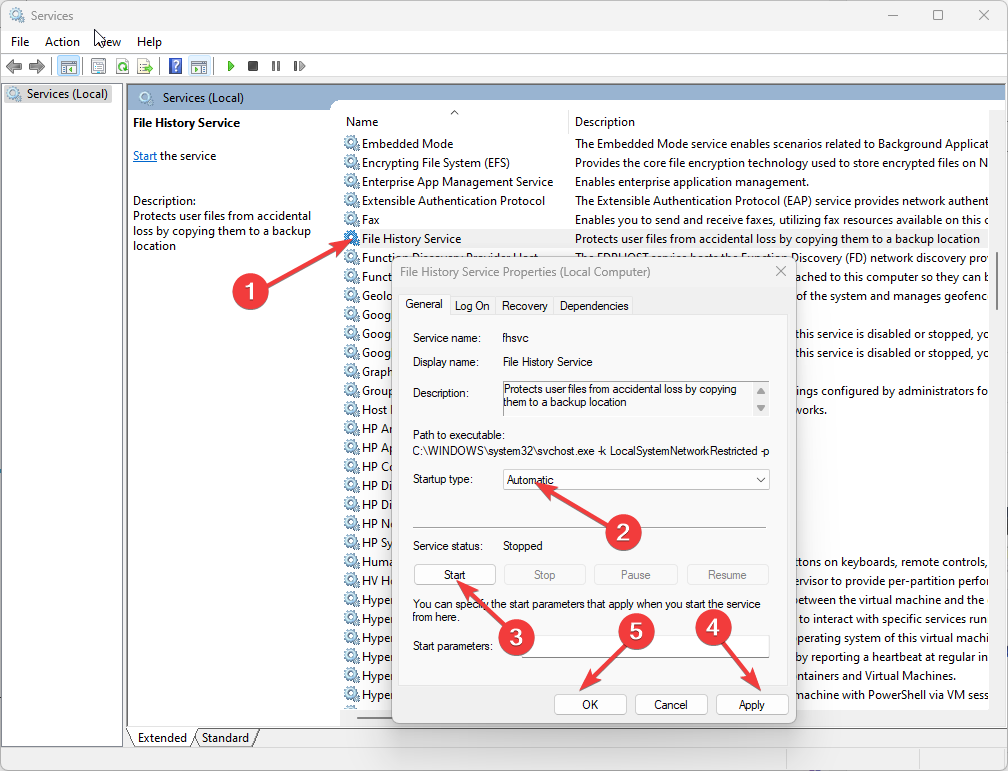 Снимок экрана: Запуск службы File History