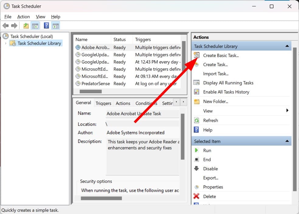 Снимок: создание базовой задачи в Планировщике
