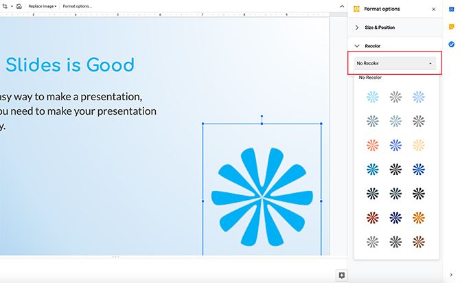 Опции перекраски изображения в Google Slides