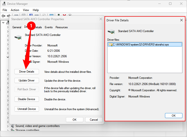 Окно свойств драйвера с кнопкой 'Сведения о драйвере'