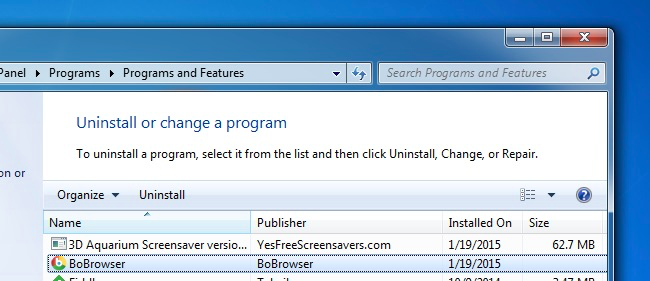Скриншот списка установленных программ с выделенным BoBrowser