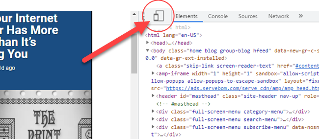 Иконка переключения устройства в панели инструментов DevTools.