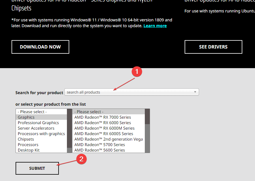 Сайт производителя GPU с поиском драйверов