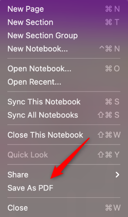 Опция Сохранить как PDF в меню OneNote для Mac
