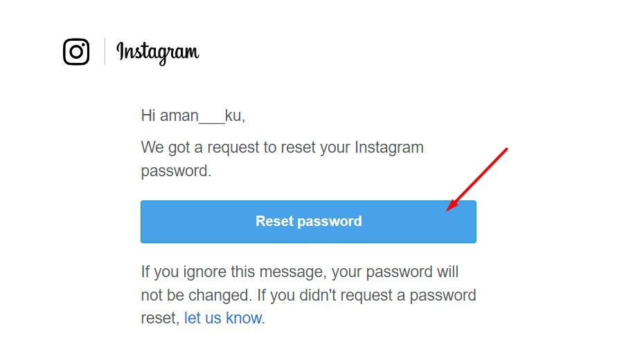 Письмо от Instagram с ссылкой для сброса пароля